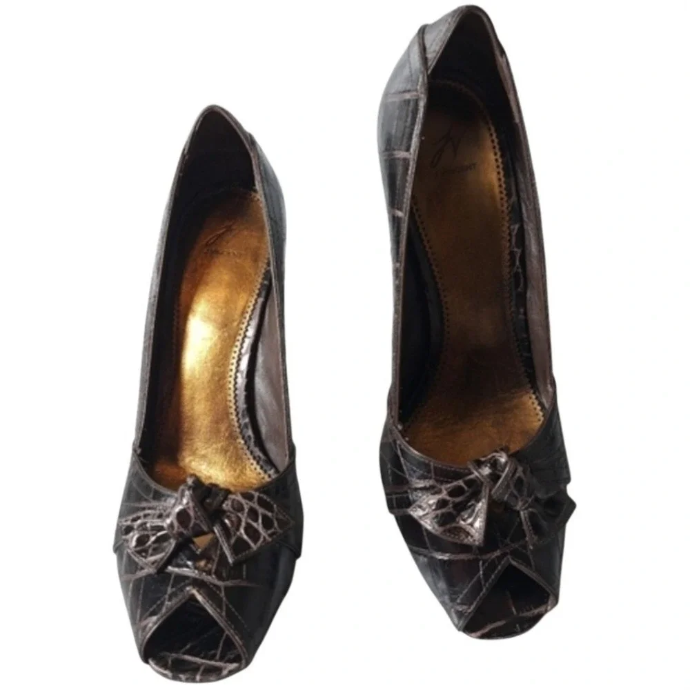 J Vincent Women's Size 10M Leather Peep Toe Heels‎ Brown Croc Embossed Pumps